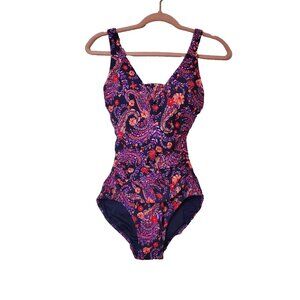 Women's Swimsuit Lands' End Size XS Purple Coral Paisley One Piece Removable Pad